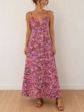 RESA Pink Floral Maxi Slip Dress Summer Wedding Guest Vacation Medium